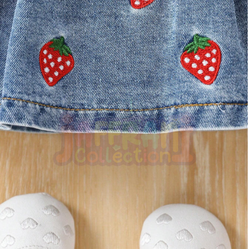 Girls' Ruffle Strawberry Print  Embroidery  Denim pink