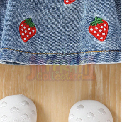 Girls' Ruffle Strawberry Print  Embroidery  Denim pink