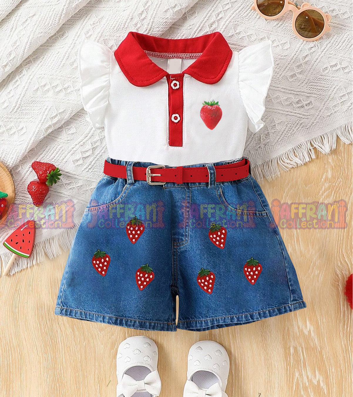 Girls' Ruffle Strawberry Print  Embroidery  Denim pink