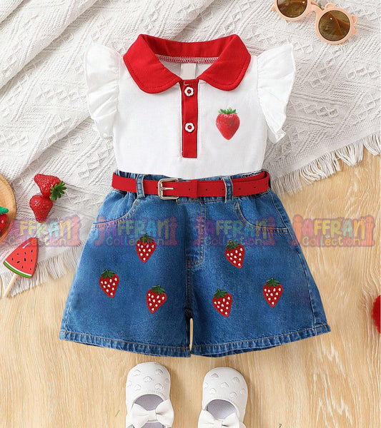 Girls' Ruffle Strawberry Print  Embroidery  Denim pink