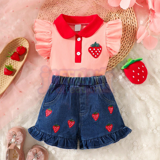 Girls' Ruffle Strawberry Print  Embroidery  Denim pink